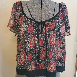 Red and black sheer paisley crop top